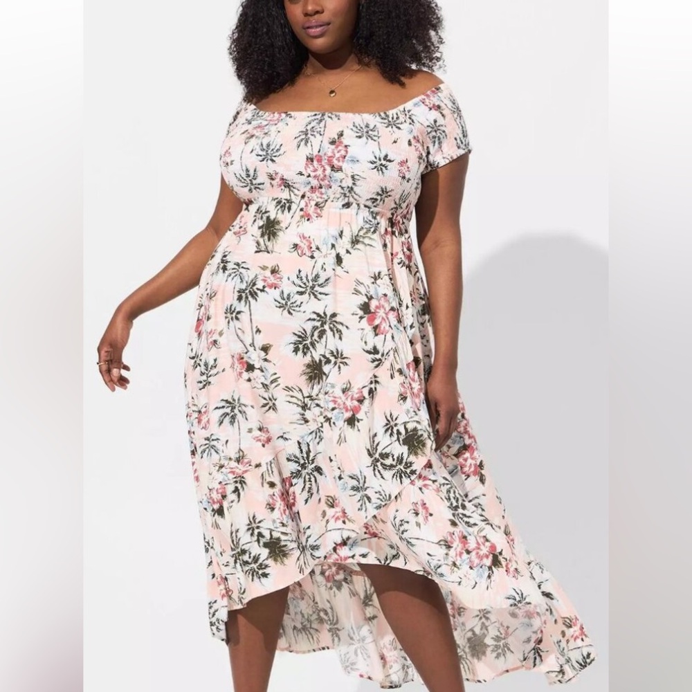 Torrid Maxi Challis Off Shoulder Hi-Lo Hawaiian Print Dress